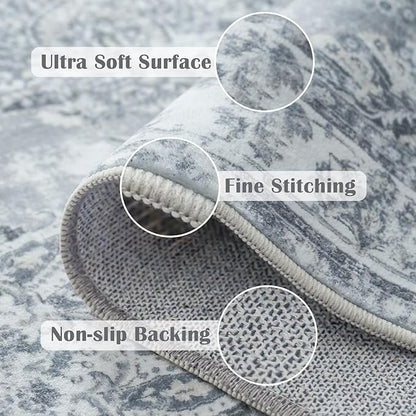 jinchan Fiora Hallway Runner Rug 3x10 Washable Runner - Vintage Floral Non Slip Low-Pile Soft Thin Faux Wool Kitchen Rug Distressed Carpet for Farmhouse Bedroom Laundry Room(3x10ft, Grey)