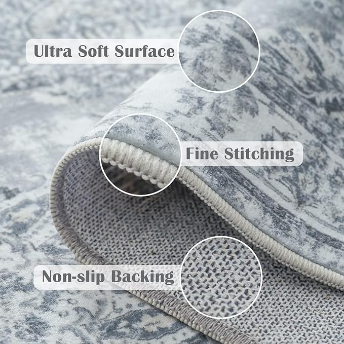 jinchan Fiora Hallway Runner Rug 3x8 Washable Runner - Vintage Floral Non Slip Low-Pile Soft Thin Faux Wool Kitchen Rug Distressed Carpet for Farmhouse Bedroom Laundry Room(3x8ft, Grey)