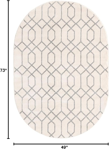 Unique Loom Glam Collection Area Rug - Trellis (4' 1" x 6' 1" Oval, White Silver/ Silver)