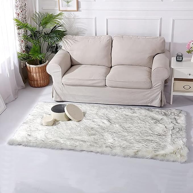 Latepis White with Grey Tips 2x10 Runner Rug for Hallway Faux Fur Rug Fluffy Washable Rugs Furry Shag Rug for Living Room Hallway Rectangle