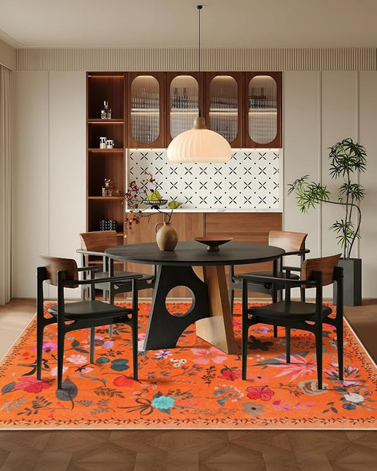 Boho Washable Area Rug 5x7 – Floral Low Pile Non-Slip Carpet for Living Room, Bedroom, Office, Playroom, Entryway, Kitchen, Dining Room (Orange)