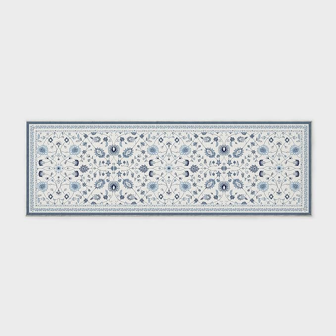 EVERGRACE Hallyway Area Runner Rugs 2x6, Boho Floral Faux Wool Indoor Outdoor Rugs, Washable Rugs for Bedroom Bathroom Living Room Kitchen, Low Pile Floor Mat Carpet for Home Decor, Porcelain Blue