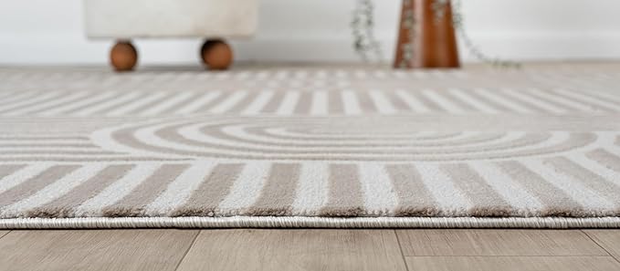 Annabel Modern Geometric Area Rug for Living Room, 8x10 Contemporary Arched Linear Beige Neutral Rug, Stain Resistant Non-Shedding Carpet for Bedroom, Dining Room, Kitchen (8' x 10', Beige)