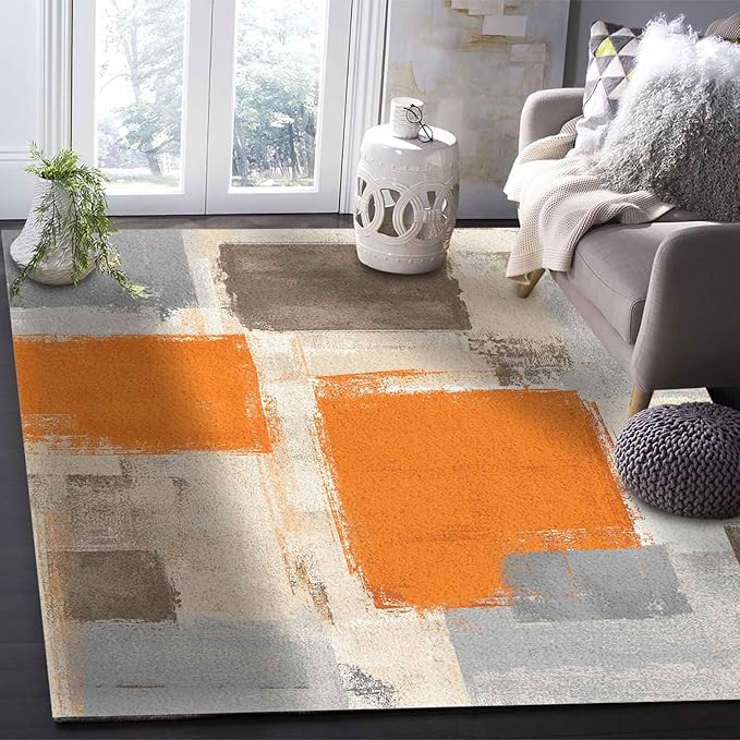 Orange Rectangular Area Rugs for Living Room Bedroom 3 x 5 ft Abstract Paint Texture Modern Art Non-Shedding Soft Low Pile Rug Non Slip Washable Rug for Nursery Entryway Playroom