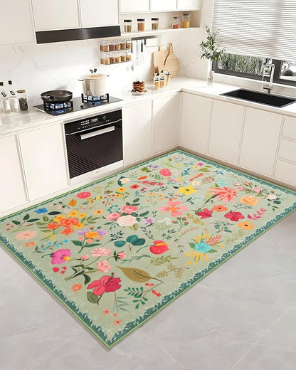 Boho Washable Area Rug 5x7 – Floral Low Pile Non-Slip Carpet for Living Room, Bedroom, Office, Playroom, Entryway, Kitchen, Dining Room (Green)