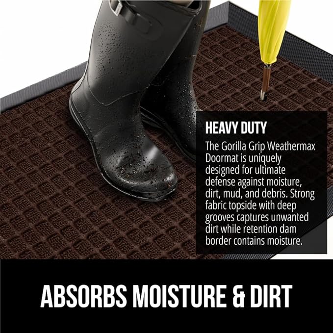 GORILLA GRIP 100% Waterproof All-Season WeatherMax Doormat, 60x24, US Designed Natural Rubber, Stain and Fade Resistant, Low Profile Indoor Outdoor Door Mats, Easy Clean Patio Mat, Coffee Squares