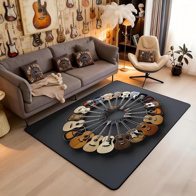 Round Guitar Area Rug 3x5 Musical Instruments Rugs for Living Room | Music Notes Modern Rock Washable Rug, Grunge Hip Hop Carpet Indoor Floor Mat