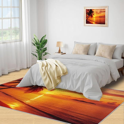 Coastal Rugs for Bedroom - 5x6 Area Rug - Ocean Beach Rugs for Living Room, Sunset Palm Trees Rug, Non-Slip Washable Home Decor Carpet