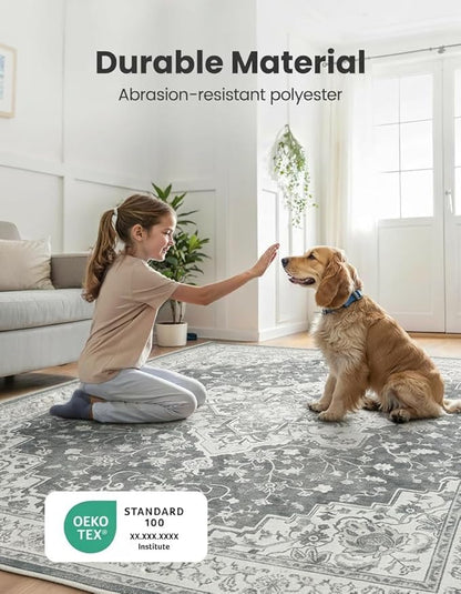 Marsail 8x10 Machine Washable Area Rug,Soft & Slip-Resistant, Vintage Floral Short-Pile with Reinforced Bound Edges, Large Rug for Living Room, Dining Room, Bedroom,Light Grey