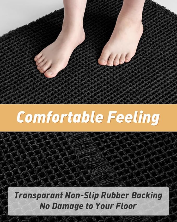 AMOAMI Upgraded Waffle Bath Mat, Super Absorbent Non Slip Bath Mats for Bathroom Floor, Machine Washable Bathroom Rugs with Tassels, Rubber Backed Bathroom Mats, Ultra Soft, 17" x 24", Black