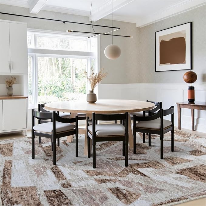 8X10 Area Rugs for Living Room Bedroom,Modern Abstract Large Carpet Washable Rugs 8x10 for Dining Room Office,Non Slip Brown Print Faux Wool Thin 8 by 10 Indoor Nursery Kids Home Pet & Child Friendly