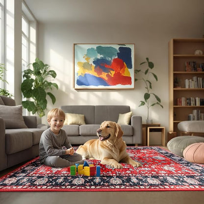 4x6 Washable Area Rug，Scarlet Red Vintage Accent Carpet with Navy Border, Boho Rug for Living Room, Dining Room，Bedroom, Entryway, Kitchen, Office, Indoor Non-Slip Mat, Holiday Ready