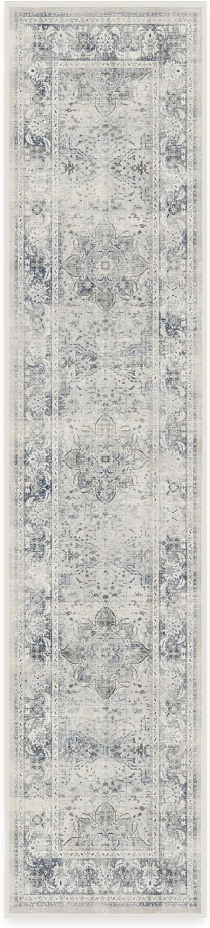 RUGGABLE Washable Vintage Runner Rug – Sarrah Blue Quartz 2.5x12, Stain-Resistant, Non-Slip Hallway Runner – Machine Washable Rug for Hallway, Entryway, Living Room & Kitchen–with Standard Pad