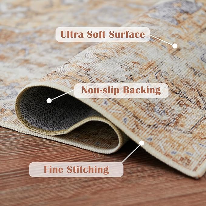JINCHAN Area Rug 8x10 Washable Living Room Rug Vintage Indoor Large Floor Cover Distressed Lightweight Non-Slip Low Pile Thin Mat Accent Stain Resistant Carpet for Bedroom Dining Room Office Brick Red