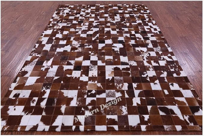 Modern Design Premium Cowhide Leather Carpet with Chevron Pattern, Area Rug (Brwon/White, 2x3)