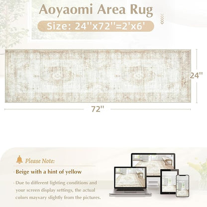Runner Rug 2x6 Entryway Rug - Machine Washable Vintage Boho Area Rug Non-Slip Kitchen Runner Soft Stain Resistant Runners for Hallways Entryway Laundry Kitchen Bathroom Bedroom (Beige, 2'x6')