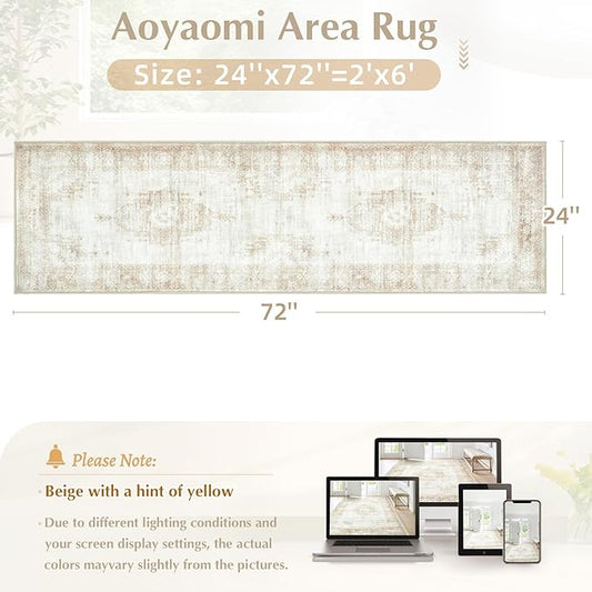 Runner Rug 2x6 Entryway Rug - Machine Washable Vintage Boho Area Rug Non-Slip Kitchen Runner Soft Stain Resistant Runners for Hallways Entryway Laundry Kitchen Bathroom Bedroom (Beige, 2'x6')