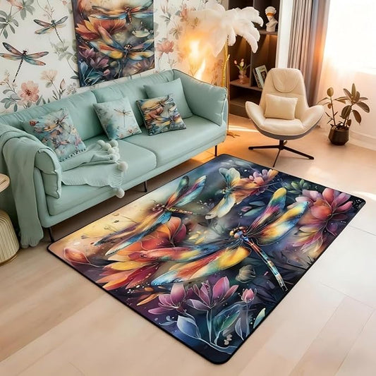 Dragonfly 3x5 Area Rug Colorful Flowers Rugs for Living Room | Watercolor Beetles Washable Rug, Dreamy Rustic Aesthetic Animal Carpet Indoor Floor Mat