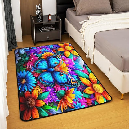 Colorful Butterfly 5x7 Area Rug Rainbow Flowers Living Room Rug | Rustic Butterflies Rugs for Bedroom, Watercolor Beetles Aesthetic Animal Carpet Indoor Floor Mat