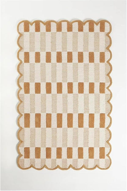 Hand-Tufted Wool Rug with Scalloped Edges, Light Blue Plaid Pattern, Cozy Soft Area Rug for Living Room, Bedroom, and Nursery, Handmade Modern Accent Rug (Neutral, 9X12 FEET)