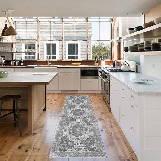 vivorug Runner Rug 2'x8' Vintage Washable Non-Slip Runners for Hallways Kitchen Entryway Laundry Room Carpet Hallway Runner Grey Floral