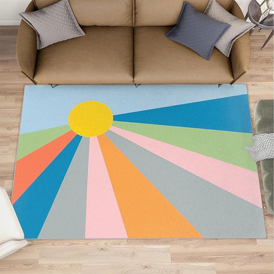 Boho Sun Area Rugs 3x4ft, Abstraction Deco Kids Bedroom Rug, Minimalist Sunburst Bedside Rug Durable Non Slip for Cafe Living Room Under Table Boys Room Decor