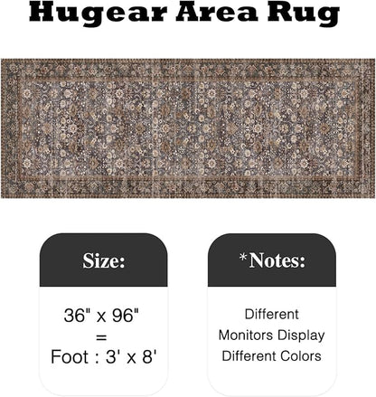 HUGEAR 3x8 Runner Rug Machine Washable Tradition Brown Hallway Area Rug Indoor Accent Rugs Floral Low Pile Carpet Soft Throw Rugs Bedroom Living Room Office Dining Kitchen Laundry Non Slip