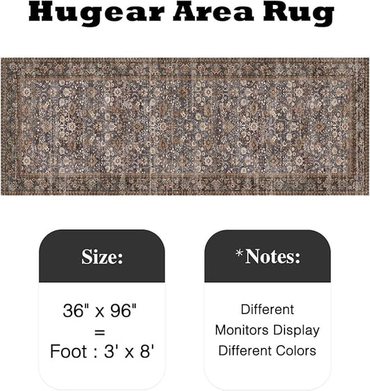 HUGEAR 3x8 Runner Rug Machine Washable Tradition Brown Hallway Area Rug Indoor Accent Rugs Floral Low Pile Carpet Soft Throw Rugs Bedroom Living Room Office Dining Kitchen Laundry Non Slip