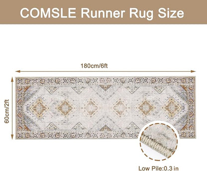COMSLE Boho Runner Rug, 2x6 Washable Rugs for Hallway Faux Wool Small Throw Rug Distressed Kitchen Area Rug Non-Slip Laundry Room Rug Carpet Runner for Entryway Indoor Bedroom (Khaki)