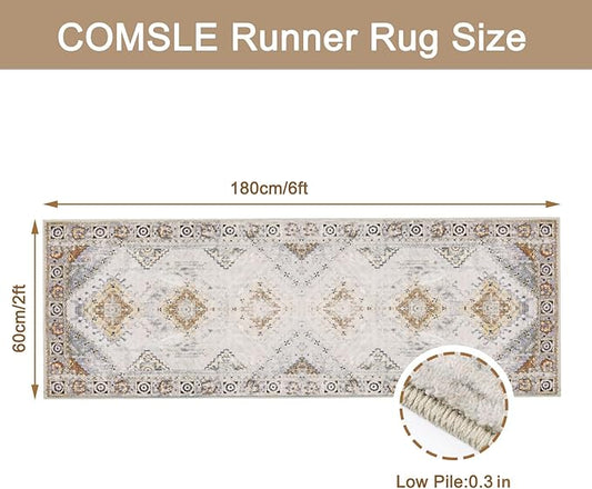 COMSLE Boho Runner Rug, 2x6 Washable Rugs for Hallway Faux Wool Small Throw Rug Distressed Kitchen Area Rug Non-Slip Laundry Room Rug Carpet Runner for Entryway Indoor Bedroom (Khaki)