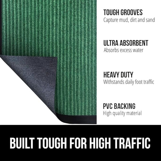 GORILLA GRIP Waterproof Traffic Guard Door Mat, 35x23, Heavy Duty Entryway Mats, Strong Rubber Back Commercial Utility Rugs for Office Hallway, Garage Floor and Home, Low Profile Carpet Runner, Green