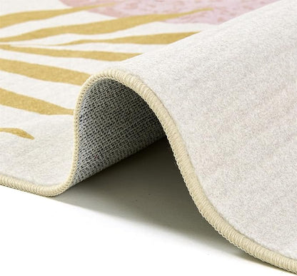 RoomTalks Cute Pink Nuresry Rug Washable, Boho Modern Contemporary Aesthetic 4x6 Area Rugs for Bedroom Dining Living Room Dorm, Abstract Art Tropical Leaves Thin Indoor Entryway Rug Carpet