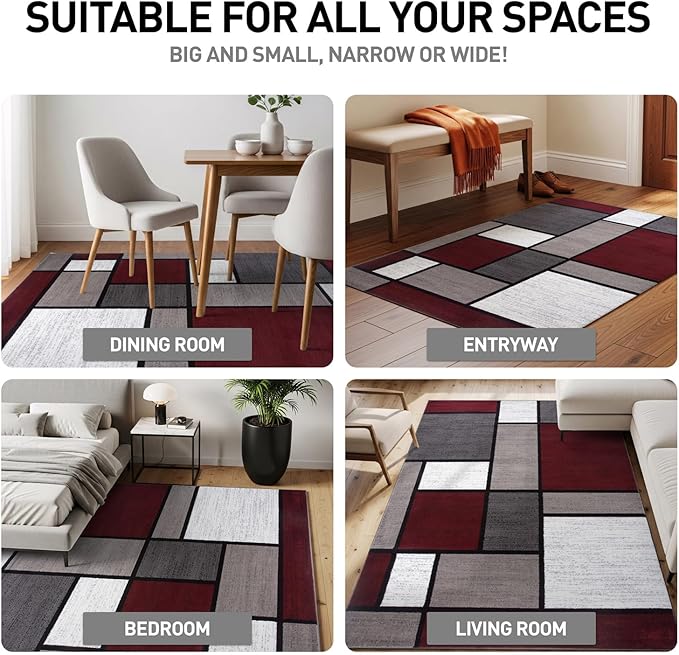 Rugshop Modern Geometric Boxes Red Area Rug, Fade-Resistant Carpet for Bedroom, Home Office, or Entryway, 3'3" x 5'