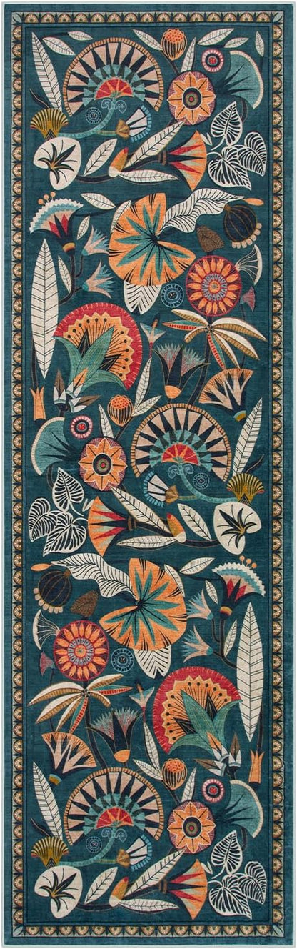 Boho Washable Green Bathroom Kitchen Runner Rug, 2x8 Egypt Hallway Entryway Rug Runner, Non Slip Botanical Floral Vintage Carpet for Entry Living Laundry Room (Dark Green, 2 x 8)