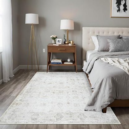 Washable 3×5 Area Rug for Living Room, Vintage Floral Rug Soft Non Slip Stain Resistant Boho Carpet for Bedroom Dinning Room Kitchen Home Office 02 Beige