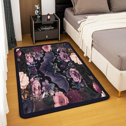Black Floral Bat 3x5 Area Rug Halloween Bats Rugs for Living Room | Boho Flowers Washable Rug, Romantic Plant Gothic Carpet Indoor Floor Mat
