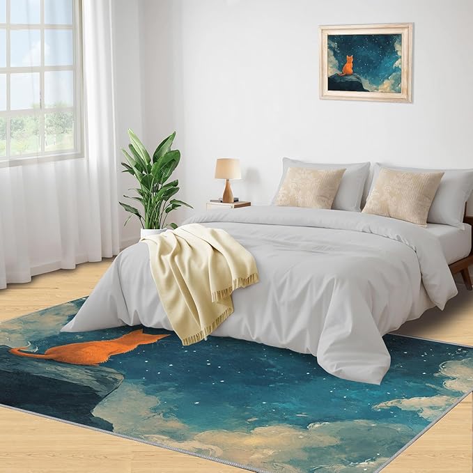 Orange Cat Rugs for Bedroom - 3x5 Area Rug - Cartoon Starry Sky Rugs for Living Room, 3D Cute Cat Rug, Non-Slip Washable Home Decor Carpet