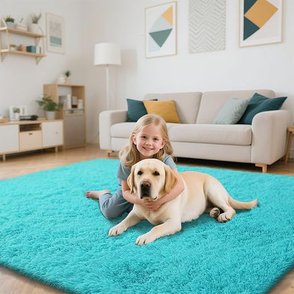 Teal Blue Rug Fluffy Rugs, 4x6 Teal Area Rugs for Bedroom, Soft Cute Baby Play Mat, Indoor Floor Carpet for Teen, Nursery, Preppy Dorm, Plush Aesthetic Bedside Rug