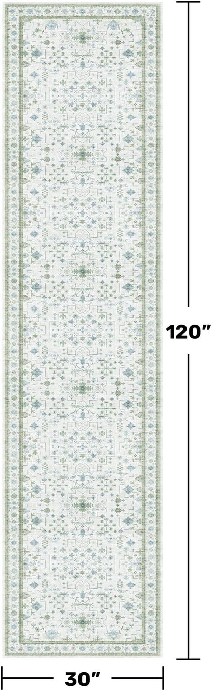 Oushak Wide Hallway Runner Rug 2'6"x10' - Vintage Turkish Floral, Washable Low Pile Non Slip 10ft Wide Runners for Kitchen, Hall Way - Blue and Green