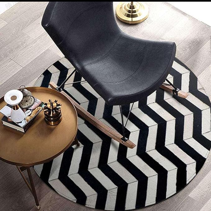 Round Cowhide Rug Black and White – Handmade Genuine Leather Chevron Patchwork Carpet – Modern Luxury Hide Area Rug for Living Room Bedroom Office Rustic Farmhouse Home Décor, (6×6ft)