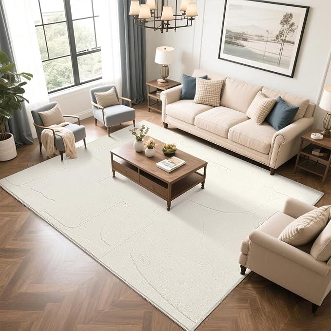 SHACOS Soft Cozy Fluffy Abstract Geometric High Low Pile Area Rugs 6'x9' Non Slip Washable Scandinavian Minimalist Rug Modern Carpet for Living Room Bedroom Dining Room, Cream