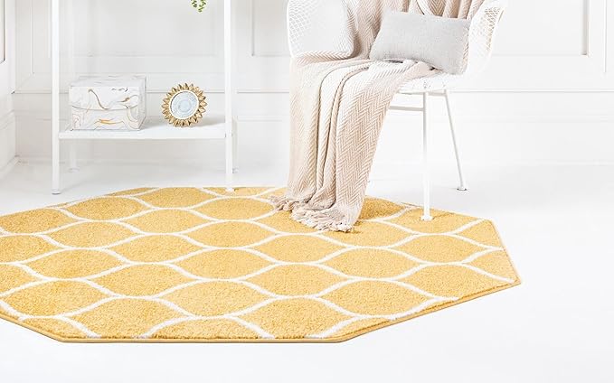 Rugs.com Lattice Frieze Collection Rug – 5' Octagon Yellow Medium Rug Perfect for Living Rooms, Kitchens, Entryways