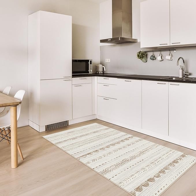 2X4 Rug Washable Area Rug: Small Soft Boho Farmhouse Neutral Moroccan Non Slip Indoor Low Pile Accent Floor Throw Carpet for Bedroom Bathroom Entryway Kitchen Hallway Closet Home Door - Brown