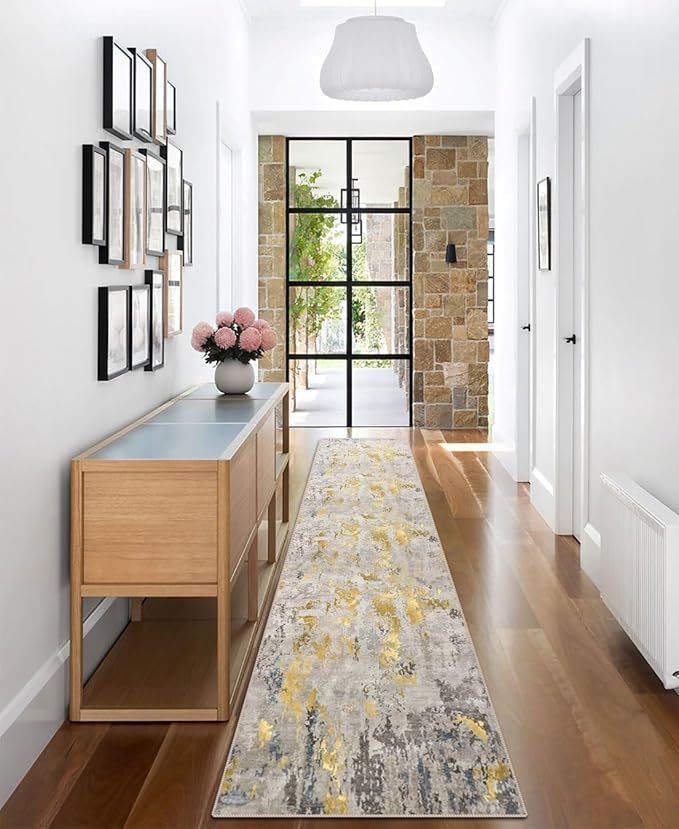 vivorug Runner Rug 2x10 Machine Washable Rug with Non-Slip Backing, Ideal for Kitchen Hallway Entryway Laundry Room - Modern Abstract, Durable, Easy Clean, Low Pile Carpet Runner, Grey/Mustard
