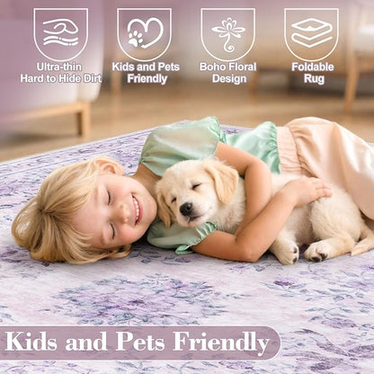Wonnitar Floral Print 8x10 Washable Rug, Purple Bow Room Decor for Girls Bedroom, Ultra-Thin Non Slip Soft 8 x 10 Large Boho Carpet for Living Room Baby Nursery Kids Playroom