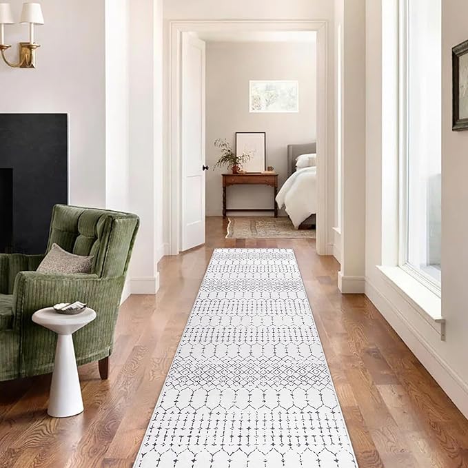 Lahome Moroccan Small Runner Rug 2x5 Rug Runner Non-Slip Washable Rug Runner Throw Lightweight Hallway Rugs Indoor Laundry Room, Geometric Print Carpet Runners for Bedroom Kitchen (White, 2'x5')