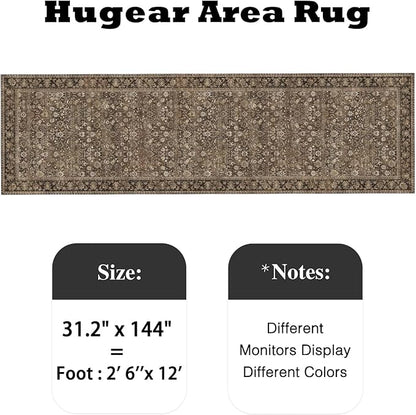 HUGEAR 2'6''x12 Runner Rug Machine Washable Brown Hallway Area Rug Indoor Accent Rug Floral Low Pile Carpet Soft Throw Rug Bedroom Living Room Office Dining Room Kitchen Laundry Room Non Slip