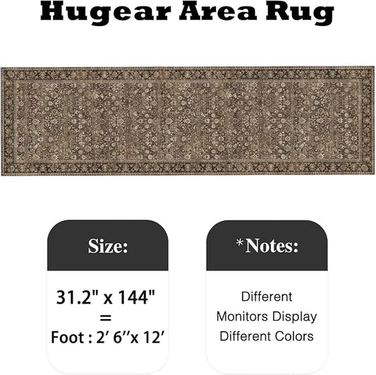 HUGEAR 2'6''x12 Runner Rug Machine Washable Brown Hallway Area Rug Indoor Accent Rug Floral Low Pile Carpet Soft Throw Rug Bedroom Living Room Office Dining Room Kitchen Laundry Room Non Slip