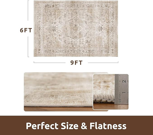 AMOAMI-Area Rug 6X9 Rugs for Living Room-Vintage Soft Beige Rugs for Bedroom-Non Slip Carpet-Machine Washable Rug for Dining Room Living Room Bedroom Office Under Table