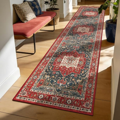 Enkor Runner Rugs for Hallway, 2x8 Washable Soft Boho Non Slip Floor Rugs for Kitchen, Modern Mat for Living Room Bedroom Entryway Red & Blue